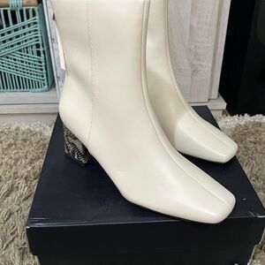 French Connection Cream Ankle Boots with Snake Patterned Block Heel Size 10 NIB
